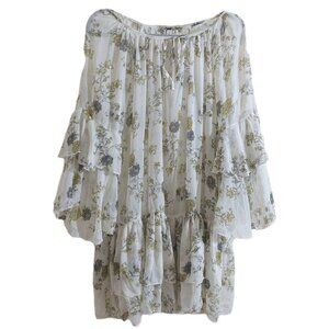 FREE PEOPLE Sunsetter Ivory Green Gray Floral Ruffle Sheer Tiered Dress Tunic S
